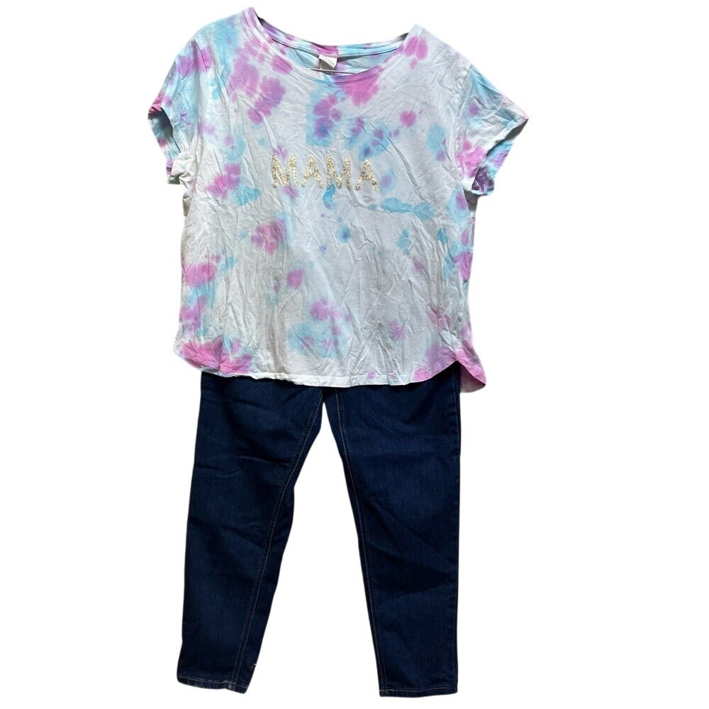 Time and Tru Maternity Skinny Jeans & MAMA Tie Dye Tee Set Medium 8-10 Blue Pink